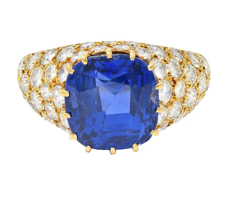 Wedding ring for women-Van Cleef & Arpels French 1980s 12.05 CTW No Heat Ceylon Sapphire Diamond 18 Karat Yellow Gold Ring AGL