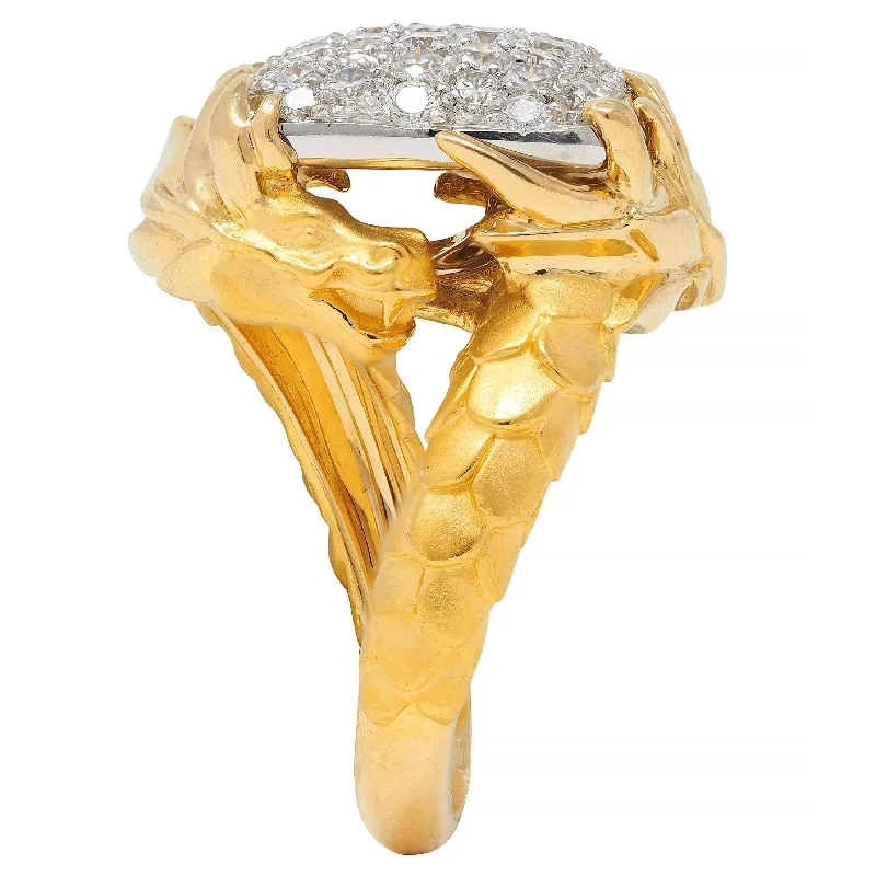 Simple silver ring for women-Carrera y Carrera 1.25 CTW Diamond 18 Karat Two-Tone Gold Contemporary Pavé Bypass Dragon Ring