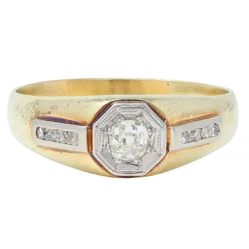 Plain band ring for women-Art Deco Old Mine Cut Diamond Platinum 15 Karat Yellow Gold Antique Unisex Ring