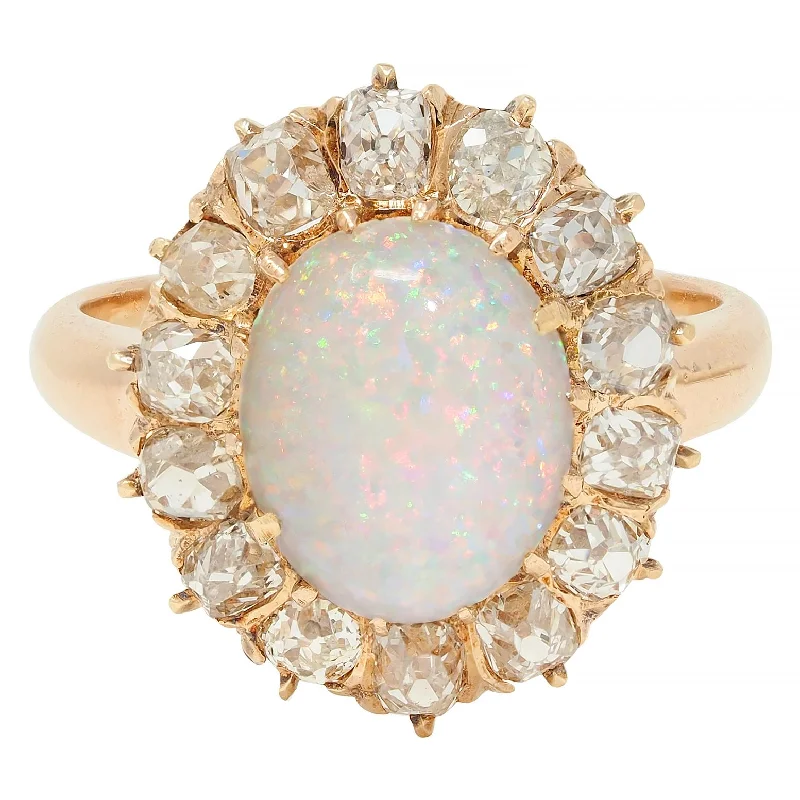 Bohemian style ring for women-Vintage 1.40 CTW Old Mine Diamond Opal 14 Karat Rose Gold Halo Ring