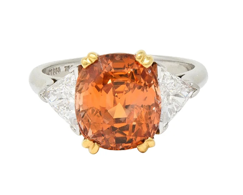 Gold-plated ring for women-Tiffany & Co. 8.61 CTW Orange Sapphire Diamond 18 Karat Gold Platinum Vintage Three Stone Ring