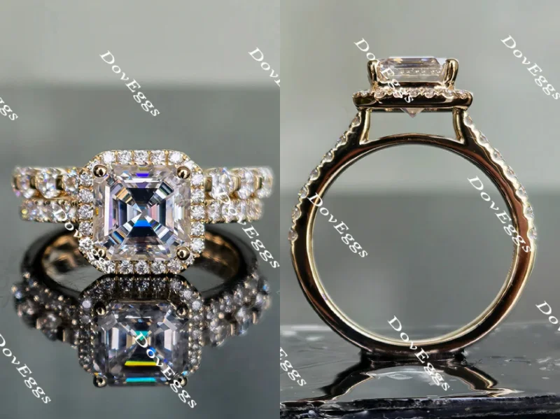 Vintage-inspired ring for women-Doveggs asscher halo moissanite bridal set (2 rings)