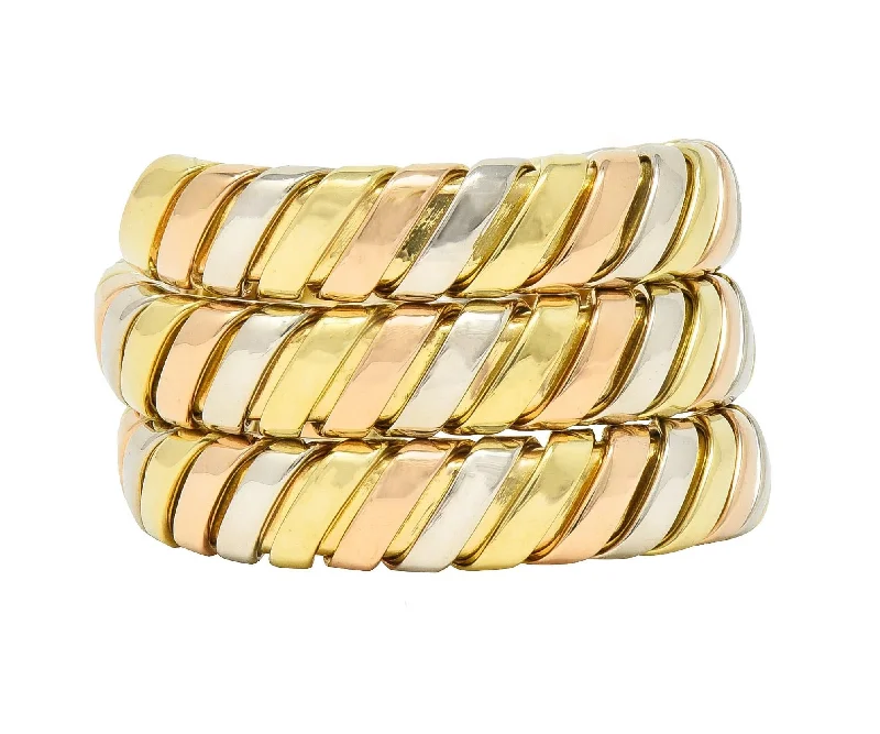 Retro ring for women-Bulgari 18 Karat Tri-Gold Vintage Tubogas Serpenti Triple Wrap Vintage Ring