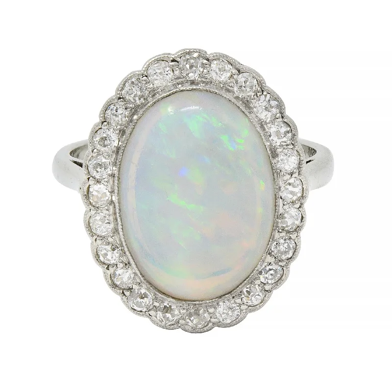 Bangle ring for women-Opal Art Deco Jelly Opal Diamond Platinum 18 Karat Gold Vintage Halo Ring