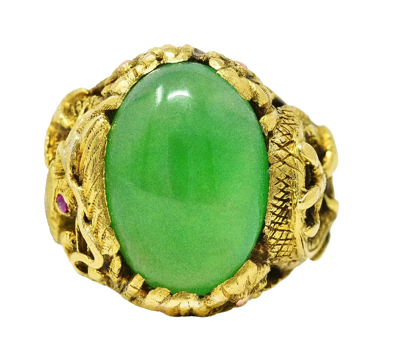 Gemstone engagement ring for women-Art Nouveau Jadeite Jade Ruby 18 Karat Yellow Gold Dragon Antique Ring GIA