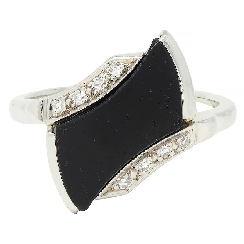 Bangle ring for women-Mid-Century Onyx Diamond 18 Karat White Gold Vintage Bypass Ring