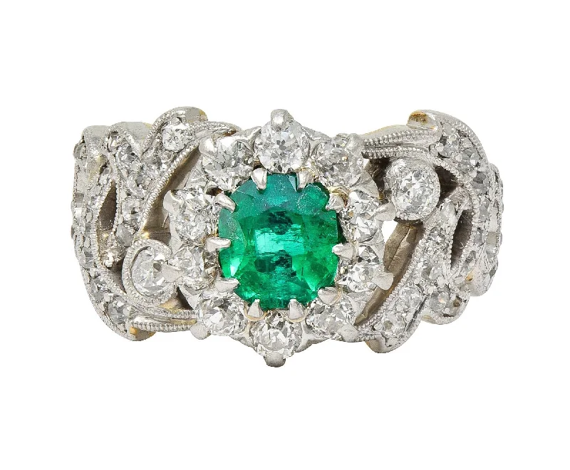 Retro silver ring for women-Edwardian 1.85 CTW Emerald Diamond Platinum 14 Karat Yellow Gold Scrolling Antique Halo Ring