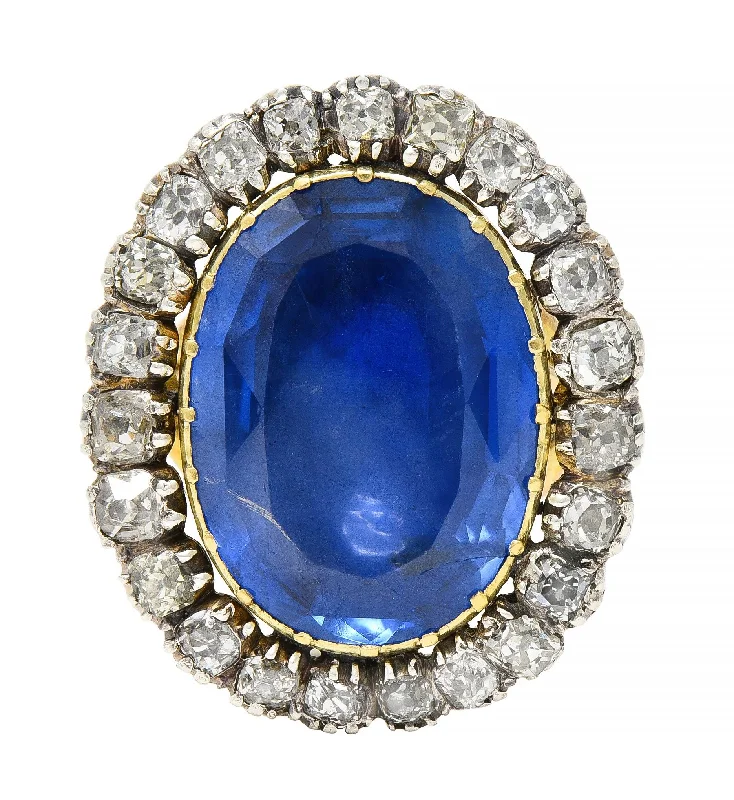 Vintage gold ring for women-Georgian 13.01 CTW No Heat Burma Sapphire Diamond Silver 14 Karat Antique Gold Halo Ring GIA