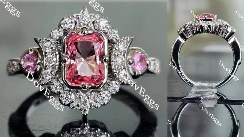 Elegant diamond ring for women-Doveggs radiant pink sapphire colored gem moon star ring