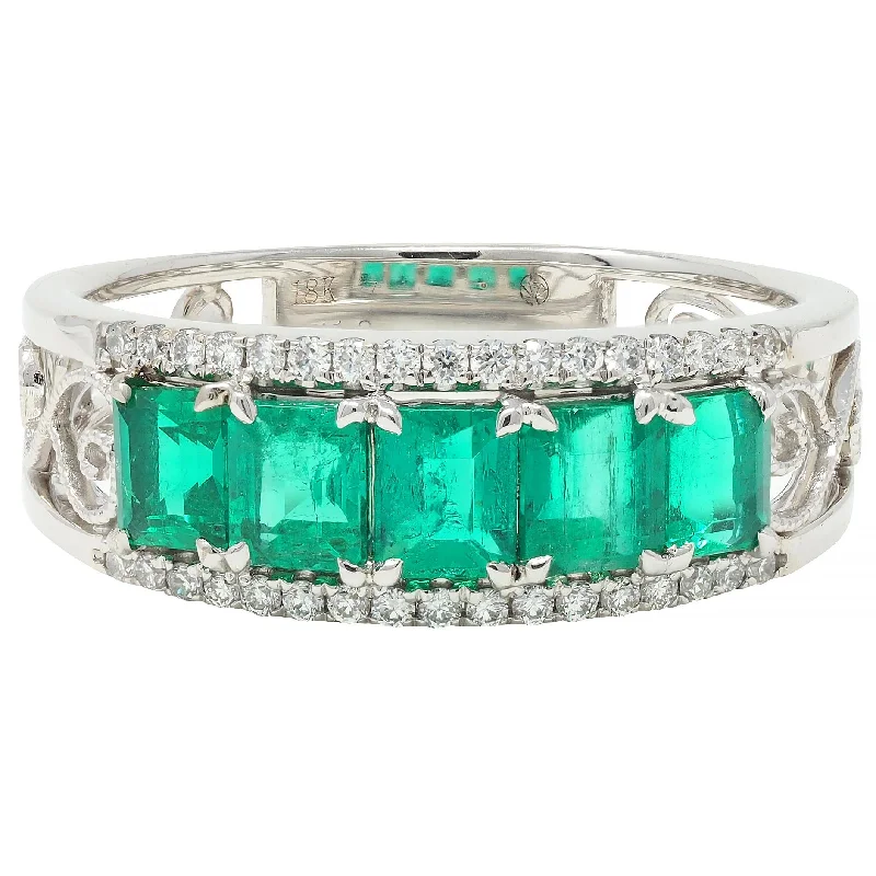 Wide band ring for women-Contemporary 1.47 CTW Emerald Diamond 18 Karat White Gold Heart Band Ring