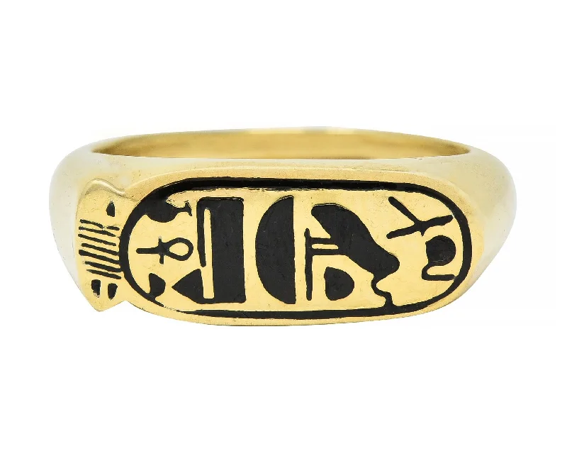 Band ring for women-Contemporary Enamel 14 Karat Yellow Gold Egyptian Revival Cartouche Signet Ring