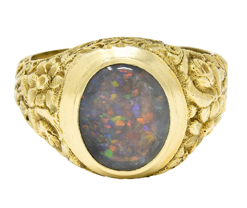 Personalized name ring for women-Late Victorian Black Opal 14 Karat Gold Unisex Floral Signet Ring