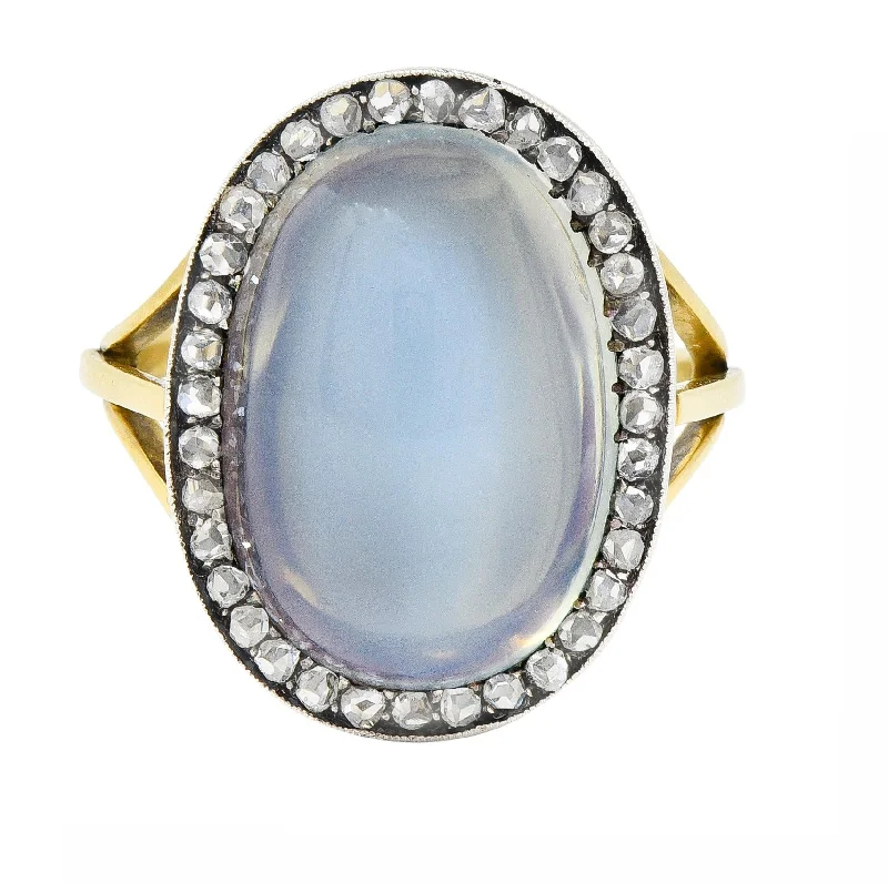 Rose gold ring for women-Moonstone Diamond Silver-Topped 18 Karat Yellow Gold Antique Ring