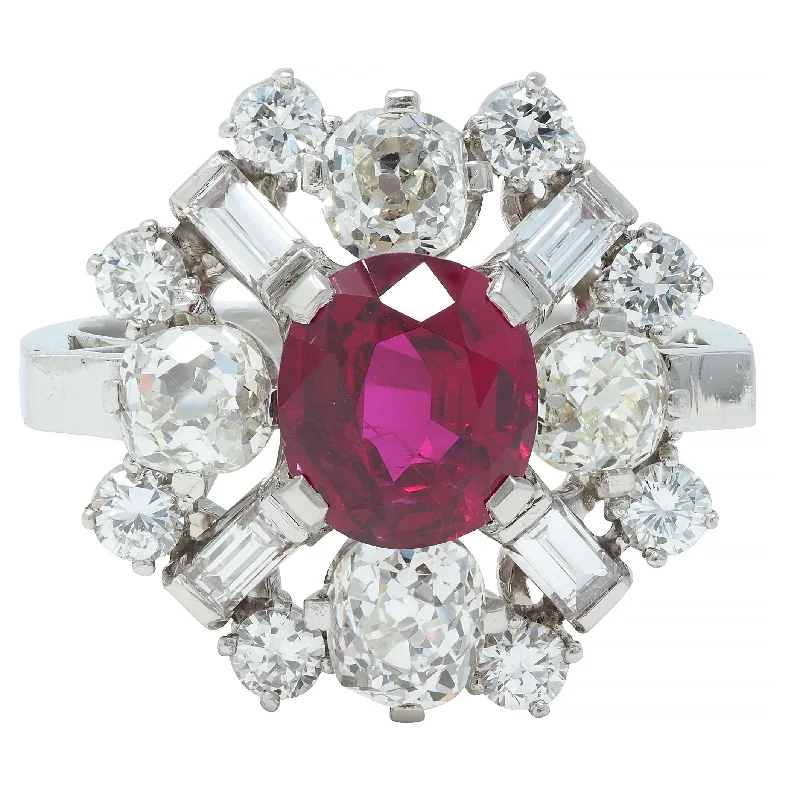 Wedding ring for women-1950's Vintage 4.53 CTW Thai Ruby Diamond Platinum Burst Cluster Ring GIA