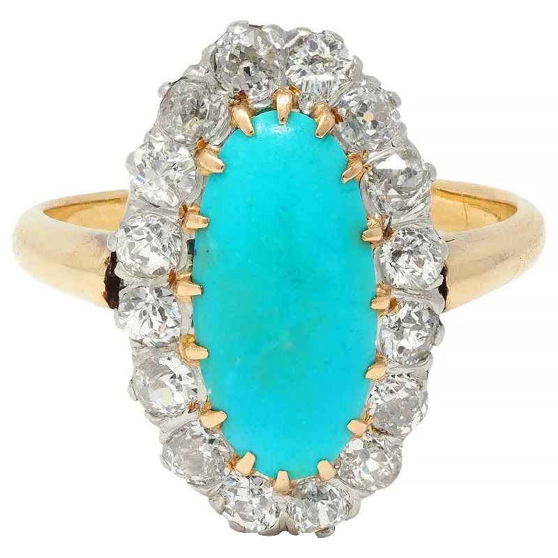 Round ring for women-Edwardian Diamond Turquoise Platinum 14 Karat Yellow Gold Antique Halo Ring