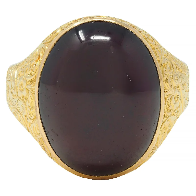 Simple ring for women-Victorian Garnet Cabochon 18 Karat Yellow Gold Floral Antique Unisex Signet Ring