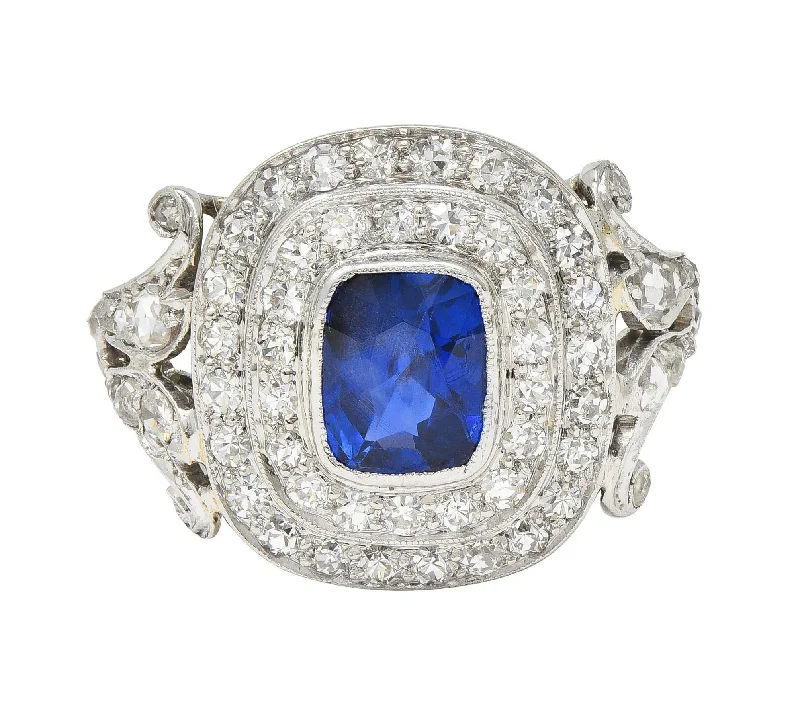 Luxury gold ring for women-Art Deco 2.45 CTW No Heat Burma Sapphire Diamond Platinum Vintage Halo Ring GIA