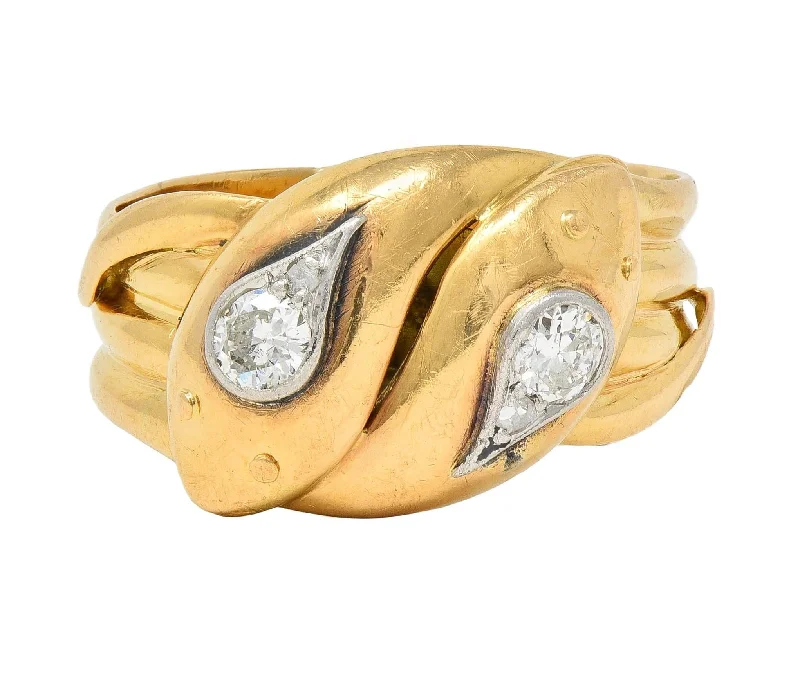 Fashion ring for women-Edwardian Diamond Platinum 18 Karat Yellow Gold Antique Entwined Snake Unisex Band Ring