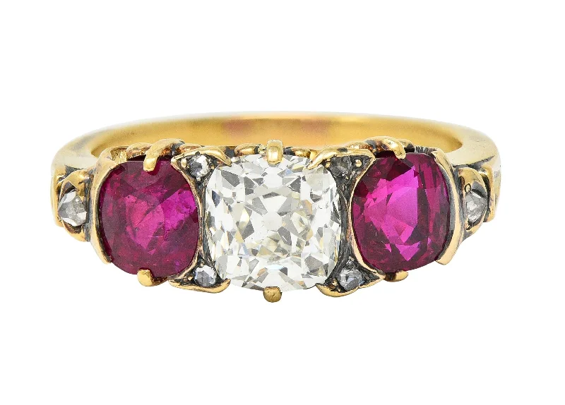 Casual ring for women-Victorian 3.40 CTW Diamond No Heat Burma Ruby 18 Karat Gold Antique Three Stone Ring GIA