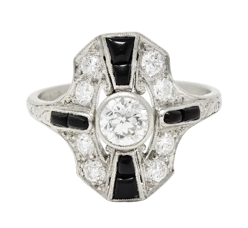 Sterling silver ring for women-Tiffany & Co. Art Deco Old European Cut Diamond Onyx Platinum Shield Scroll Dinner Ring