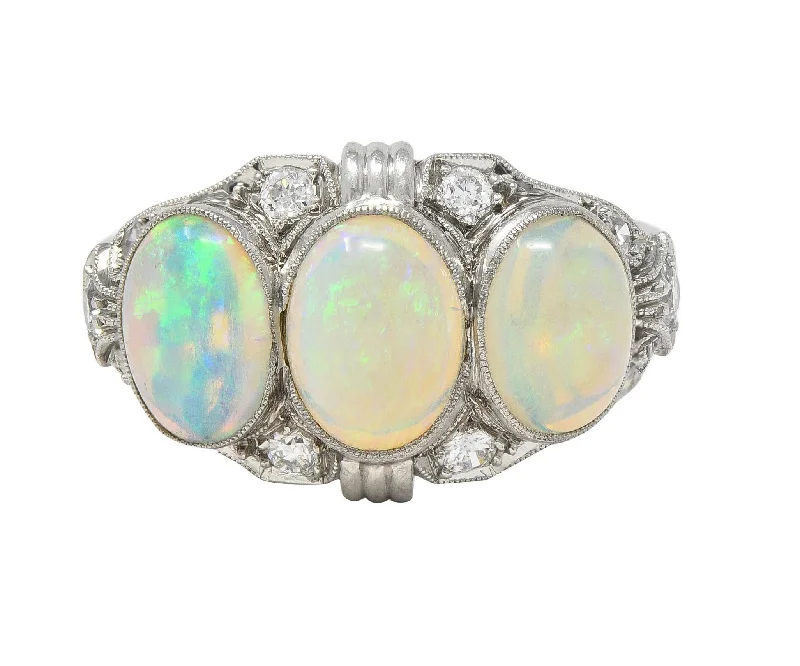 Gemstone ring for women-Late Art Deco Opal Cabochon Diamond Platinum Vintage Dinner Band Ring