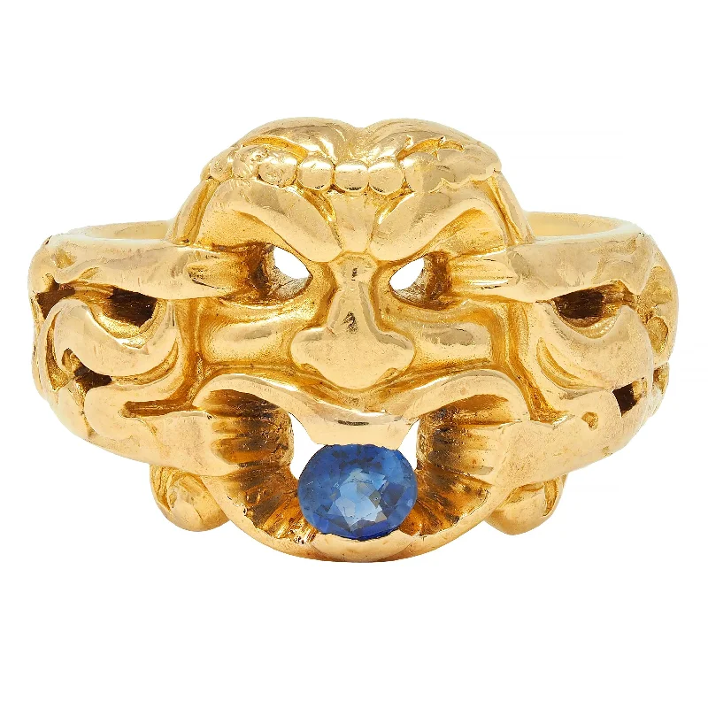 Classic wedding ring for women-Victorian Sapphire 18 Karat Yellow Gold God Of Wind Antique Unisex Band Ring