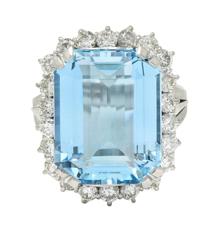 Silver ring for women-Contemporary 19.42 CTW Aquamarine Diamond Platinum Halo Cocktail Ring