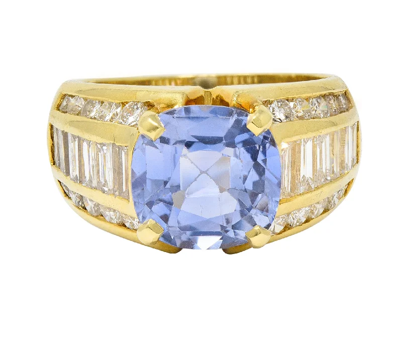 Simple ring for women-1980's 5.55 CTW No Heat Ceylon Sapphire Diamond 18 Karat Gold Vintage Ring GIA