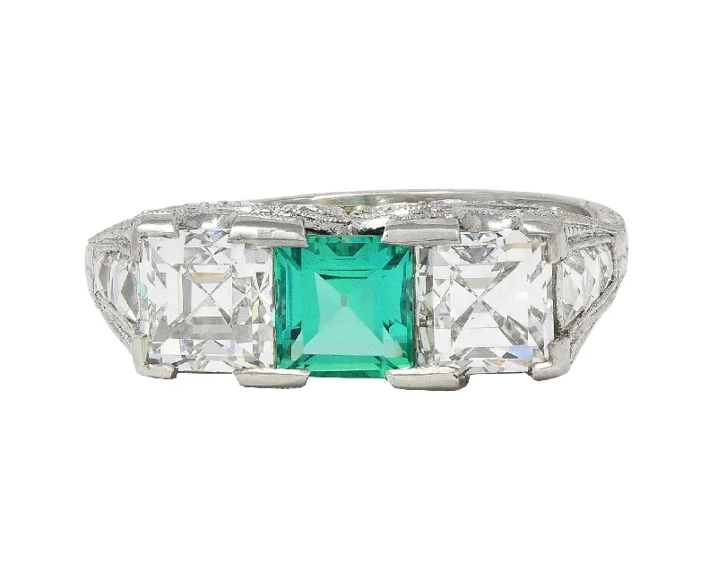 Diamond wedding ring for women-Art Deco 3.51 CTW Emerald Diamond Platinum Vintage Three Stone Ring