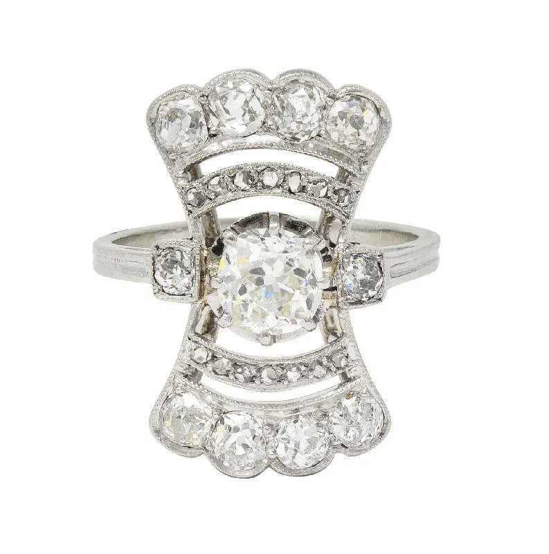 Anniversary ring for women-French Art Deco 1.70 CTW Diamond Platinum Fanning Antique Dinner Ring