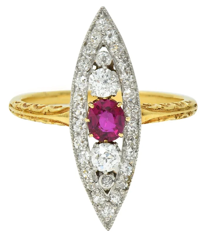 Love ring for women-Edwardian 0.62 CTW Ruby Diamond Platinum 18 Karat Yellow Gold Scroll Antique Navette Ring