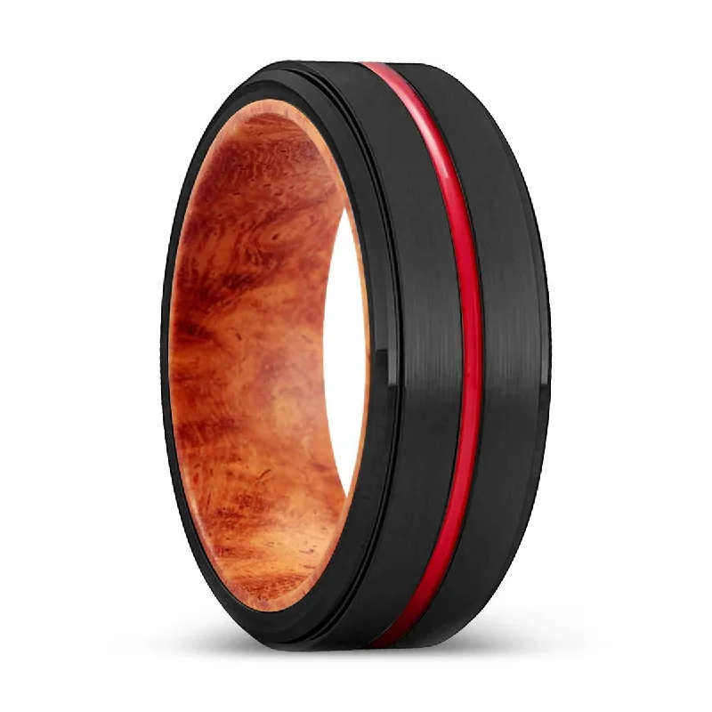 Handmade ring for women-SAGE | Red Burl Wood, Black Tungsten Ring, Red Groove, Stepped Edge