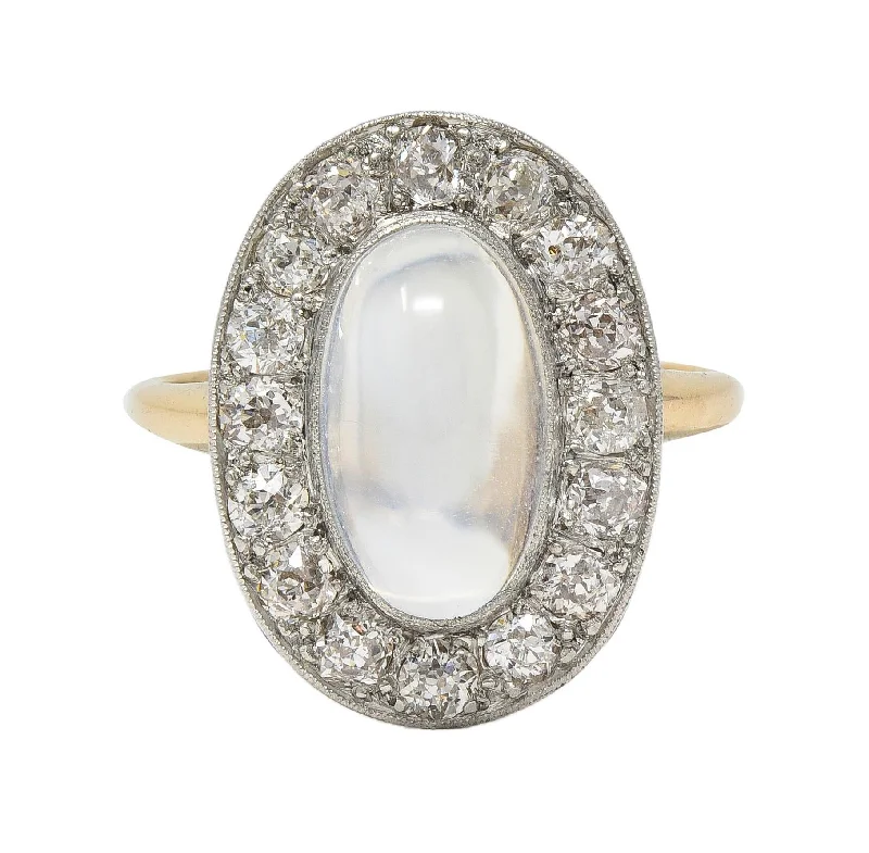 Elegant diamond ring for women-Edwardian 1.12 CTW Moonstone Diamond Platinum 14 Karat Gold Antique Halo Ring