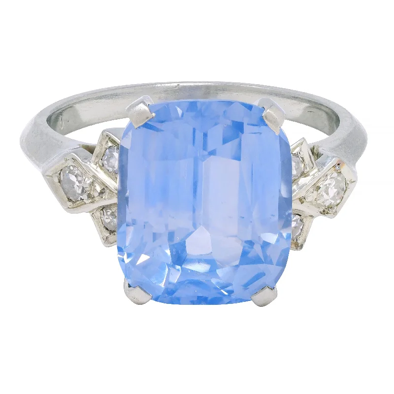 Platinum ring for women-Mid-Century 6.60 CTW No Heat Ceylon Sapphire 18 Karat Gold Vintage Ring GIA